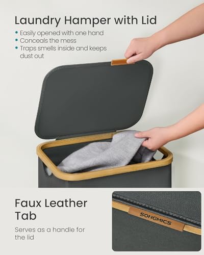 SONGMICS Laundry Hamper, Laundry Basket with Lid, Foldable Storage Basket, Bamboo Frame, for Bedroom, Living Room, Oxford Fabric, 26.4 Gal. (100 L), Slate Gray ULCB518GN01 - color: Slate Gray, size: 100 L (1-Section)