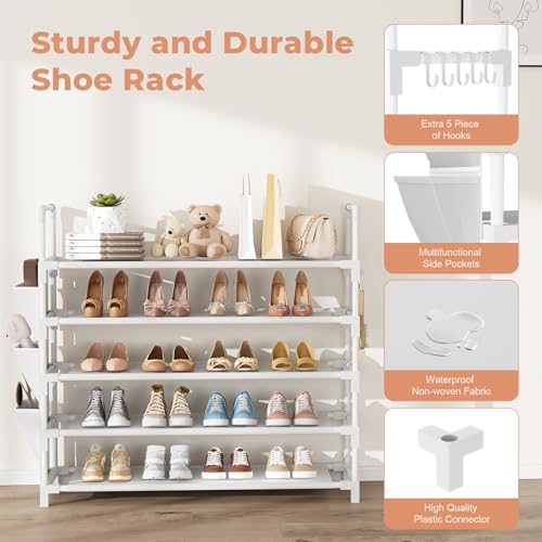 5 Tier Shoe Rack, Shoe Organizer Storage for 20-25 Pair Boot and Sneaker, Stackable Free Standing Shoe Shelf with Hooks and Side Pocket, Space Saving Shoes Rack for Closet, Entryway, White - color: White, size: 33.3"W - 5 Tier