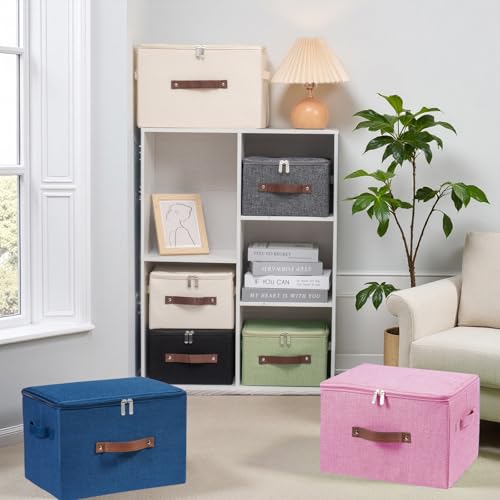 3 Pack Storage Bins with Zipper Lid Fabric Lidded Storage Boxes Baskets Cubes Washable Collapsible PU Leather Handle Cotton Linen Shelves Closet Organizer Container(Pink, Small Size) - color: Pink, size: Small ( Set of 3)