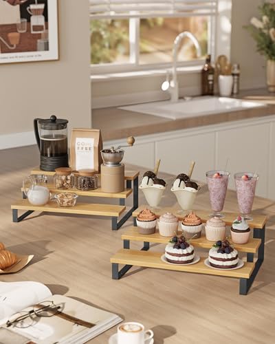 SONGMICS Display Risers, Set of 2 Engineered Wood Perfume Organizer Stand, 3-Tier Cupcake Stand Holder, Spice Rack, Shelf Risers for Figures, Dessert Shelves, Natural Beige and Ink Black UKCS016N01 - color: Natural Beige + Ink Black, size: 3 Tiers