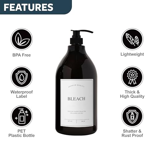 Calindiana Modern Farmhouse Bleach Liquid Laundry Detergent Dispenser for Laundry Room Decor and Organization, PET Plastic Landry Soap Containers with Water Resistant Label, Amber 64oz - color: Amber Bottle/White Label, style: BLEACH