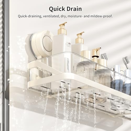 Suction Cup Shower Caddy, Removable Bathroom Organizer Shelf for Shower Storage, No Drilling Clear Square Shower Shelves, Large Capacity & Reusable, Home & Kitchen White - color: White