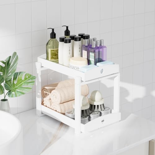 APRTAT 2 Pack Under Sink Organizer, Bamboo Wooden 2-Tier Pull-Out Storage with Sliding Drawers for Kitchen and Bathroom Cabinets, Easy Installation (White) - color: White