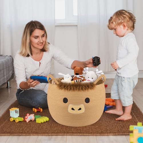 Highland Cute Cow Basket for Nursery, Large Blanket Gift Basket, Woven Rope Cotton Storage, Baby Laundry 0rganizer with Ears Handles, Towels Toy Clothes Gifts Storage Cat Dog Bin,13"D×11.5"H - color: Brown, size: 13"D × 12 "H