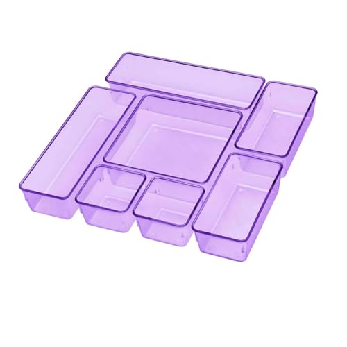 Acrimet Drawer Organizer Modular, Box Tray Storage Bins for Office, Home, Makeup, Kitchen, Junk Drawer (7 Units - 4 Sizes) (Clear Purple Plastic) - color: clear purple