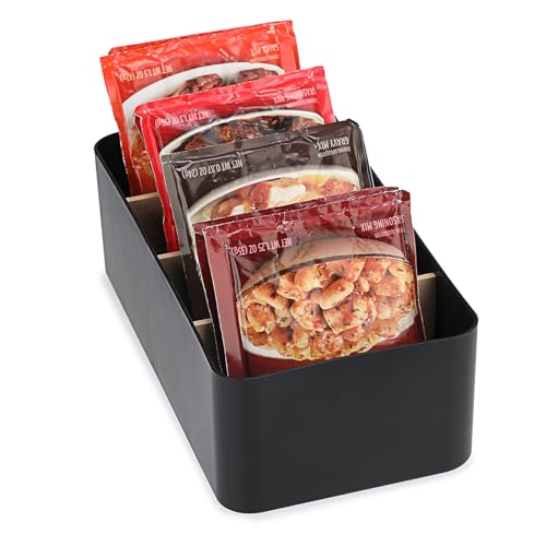 BSTKEY Seasoning Packet Organizer, Food Storage Organizer with Divided 4 Bamboo Wood Compartments, Black Plastic Storage Caddy for Pantry Cabinet, Kitchen Organization Bin for Snacks Spice Packets - color: Black