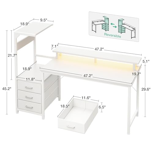 AODK 59 Inch Gaming Desk with USB Charging Ports & LED Light- Reversible Computer Desk with Storage Shelves & Monitor Stand, Modern Gamer Desk Table with Fabric Drawers, White - color: White, size: 59 inches