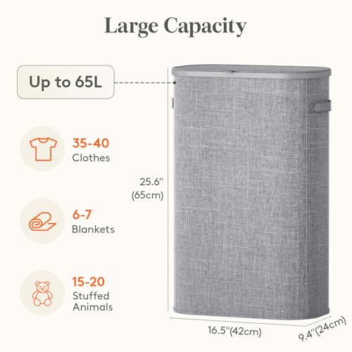 Lifewit Slim Laundry Basket with Lid, Narrow Large Laundry Hamper with Plastic Handles and Removable Bag, Tall Foldable Dirty Clothes Hampers for Laundry Room, Bedroom, Bathroom, Dorm, 65L Gray - color: Gray, size: 65L