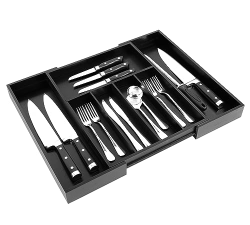 VaeFae Premium Bamboo Drawer Organizer, Expandable Silverware Drawer Organizer, Cutlery Tray with Dividers for Kitchen Utensils (Black, Large) - color: Black, size: Large