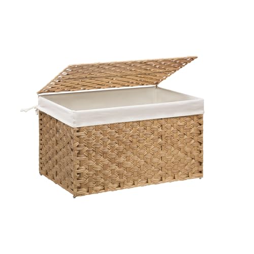 Wicker Storage Basket with Lid, 17.2 Gallon (65L) Small Blanket Basket with Lid, Woven Storage Bin with Handles, Removable Liner, Metal Frame, Foldable, for Bedroom, Laundry Room, Natural - color: Natural, size: 65L:13.4 x 21.9 x 13.4 Inches