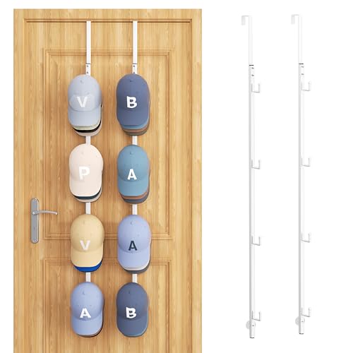 SWTYMIKI Over Door Hat Rack - 2 Packs Metal Hanging Hat Organizer with 8 Hooks Design, Baseball Cap Hanger Organizer Storage Holds up to 40 Caps for Door, Bedroom, Closet - color: White, size: 2 Pack