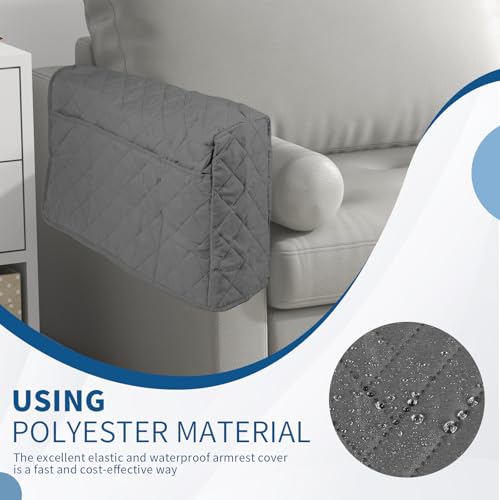 2Pcs Sofa Armrest Cover, Waterproof Armchair Slipcovers with Side Pocket, Couch Arm Covers, Easy Installation Armrest Organizer, Sofa Arm Protector for TV Remote Phone (Grey)