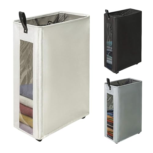 ZERO JET LAG 25 Inches Slim Laundry Storage Hamper - Large Rolling Clothes Hamper - Rolling Storage Bin - Tall Corner Basket - Clear Window Visible - Dirty Laundry Bin - (Beige) - color: Cream Beige
