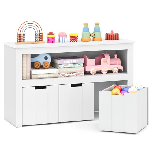 GLACER Toy Storage Organizer, Wooden Montessori Shelf with 3 Movable Drawers, Hidden Wheels, Toy Box for Boys and Girls, Kids Storage Organizer for Playroom, Nursery, Kindergarten, Living Room (White) - color: White