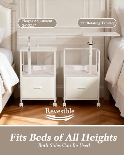 Faesun Swivel Lift Top Nightstand with Charging Station, Rolling Side Table for Recliner, Bedside Table with Wheels & a Fabric Drawer, for Small Spaces, for Bedroom, Living Room, White - color: White, size: 1 Drawer