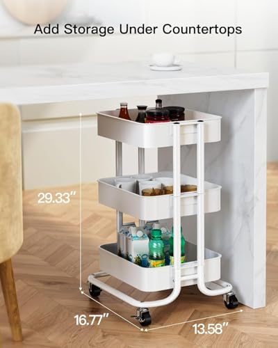 Pipishell 3 Tier Metal Rolling Utility Cart, Heavy-Duty Storage Rolling Cart with 2 Lockable Wheels, Multifunctional Mesh Organization Utility Cart for Kitchen Dining Room Living Room (White) - color: White, size: 3 Tier