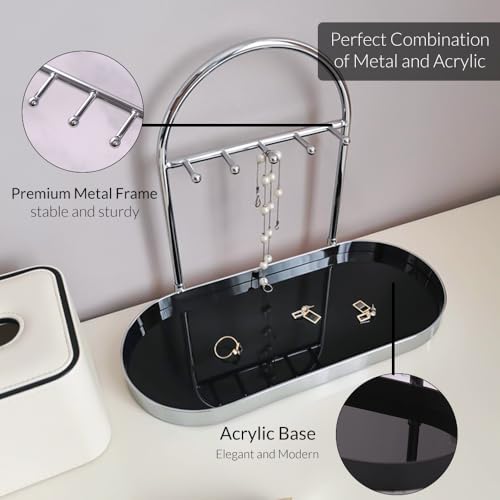 Shinpuru Metal Jewelry Organizer Stand & Key Holder Tray with Acrylic Base, Key Stand and Jewelry Tray with 5 Hooks, Perfect Key Bowl, Valet Key Tray, Ring Holder, Jewelry Dish (Silver Black) - color: Silver Black