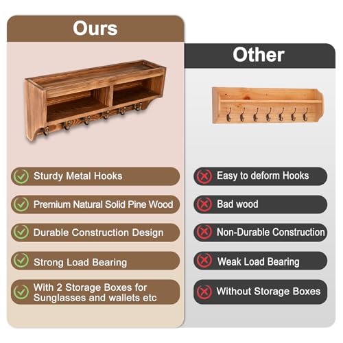 Key Holder Wall Mount - Mail Organizer Wall Mount with 6 Key Hooks and Storage Box for Sunglasses Storage and Dog Leash Holder Home Decor Rack Apartment Essentials Farmhouse Shelf Entryway Organizer - color: Brown