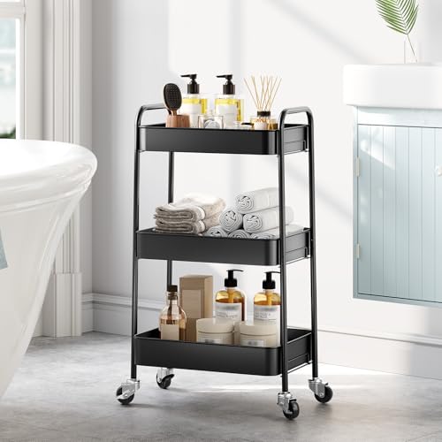 TOOLF 3-Tier Metal Rolling Cart with Wheels, Storage Utility Organizer Cart for Kitchen, Bathroom, Office, Baby Essentials & Makeup - Lockable Casters, Easy Assembly, Large Capacity, Black - color: Black, size: 3-Tier