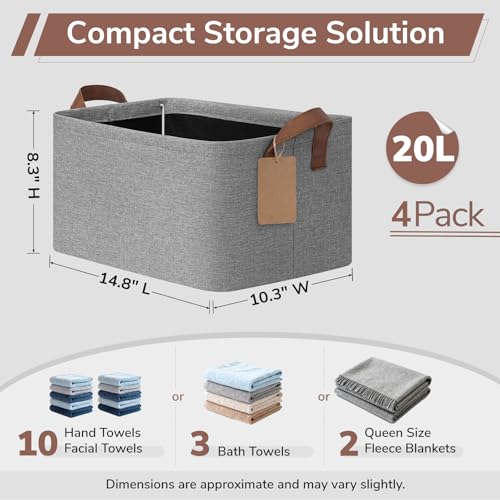 CHICVITA 4 Pack Storage Baskets for Shelves, Foldable Fabric Storage Bins with Metal Frame Handles, Closet Organizer Bins for Toys Blankets, 14.8" x 10.3" x 8.3", Gray - color: Gray, size: 20L (14.8"L x 10.3"W x 8.3"H)