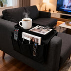 Sofa Armrest Organizer with Cup Holder,No-Slip,1 Large Pockets and 3 Small Pockets,Storage Pockets Bag for TV Remote,Cellphone,Drinks,Pen,Magazine,Snacks