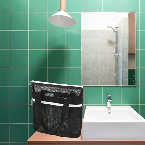 Fammart Mesh Shower Caddy Portable with Zipper & 2 Pockets - Quick Dry Shower Bag Toiletry Tote Hanging for Travel Gym Camp Beach - Organizer Bag Bathroom Essentials for College Dorm - color: Small, Zipper Closure - Black