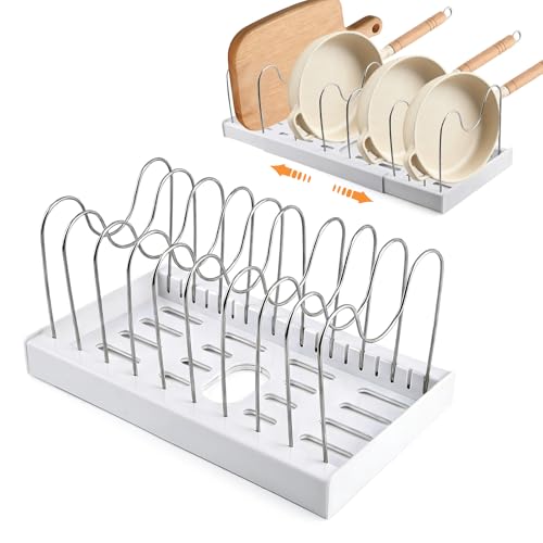 Pots and Pans Organizer for Cabinet, Expandable Pot Rack with 11 Adjustable Dividers, Pan Pots Organizer for Cookie Sheets, Cutting Boards, Pot Lids, Cookware(COLOR:White)