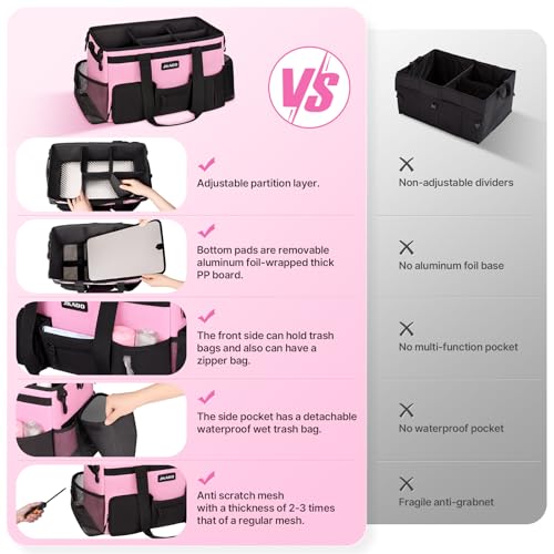JKAOO Large Wearable Cleaning Caddy Bags,Cleaning Supplies Storage Bag with Handles and Adjustable Shoulder Strap and Removable Waist Straps,Waterproof Cleaning Bags for Home,Car,Office (Pink) - color: Pink