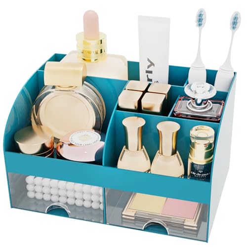 Makeup Organizer with 2 Drawers, Cosmetic Storage for Dresser Vanity and Bathroom Countertop,Make up organization and Skincare Storage with Beauty Brush Holder, Cosmetic Display Case (Dark Green) - color: Dark Green