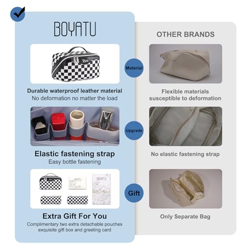 BOYATU Travel Makeup Bag Cosmetic Bags for Women: Large Make up Bags Set of 3 - Portable Makeup Organizer with Compartments&Handle&Divider - Waterproof PU Leather Toiletry Bag(A-5-Checkered Mix Black) - color: A-911-Checkered Mix Black