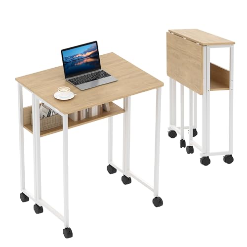 Folding Desk Small Rolling Desk with Storage Shelf,24.8 Inch Foldable Computer Table with Wheels,Portable Office Desk for Small Space Sofa Table,Easy to Fold,Writing Work Office Computer Desk,Oak - color: 24.8" Oak