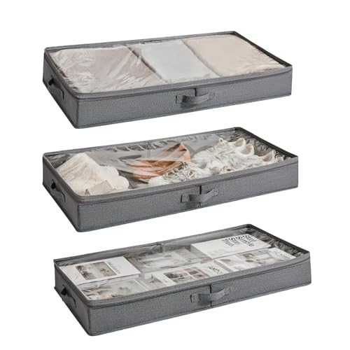 Berdeng 3 Pack Under Bed Storage Containers, Low Profile Underbed Shoes and Clothes Storage Organizer with Sturdy Sidewalls/Bottom, Large Dorm Storage Bins,33 * 17 * 4.5 inches,45L - color: Grey 3 Pack