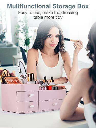 Makeup Organizer with Drawers,Large Capacity Countertop Organizer for Vanity,Bathroom and Bedroom Desk Cosmetics Organizer for Skin Care,Brushes, Eyeshadow, Lotions, Lipstick, Nail Polish - color: Pink-Large