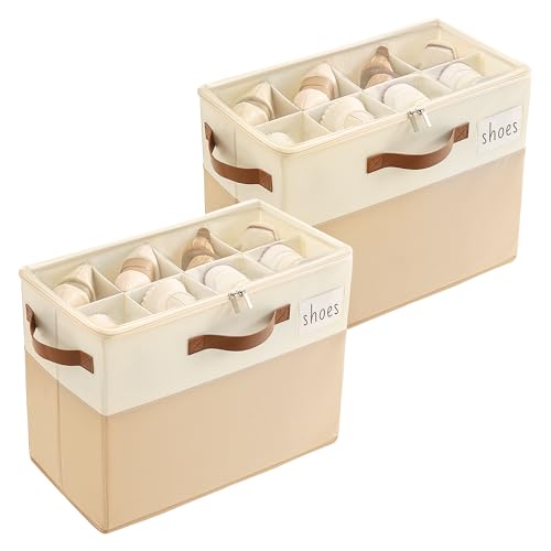 Varhomax Shoe Organizer Box 2 Pack for Closet,Small Fabric Shoe Storage Bin with Adjustable Dividers & Clear Cover, Saving Space Sneakers & Sandals Containers for Entryway, Cubby - color: Brown-Small 2 Pack