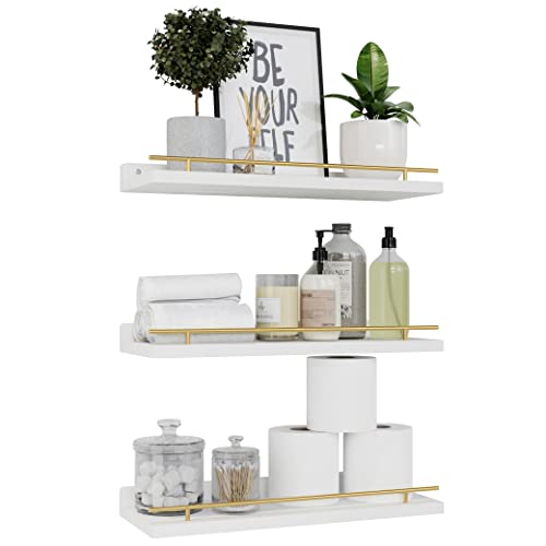 WOPITUES Floating Shelves with Gold Metal Guardrail, Shelves for Wall Decor Set of 3, Wall Shelves for Bedroom, Bathroom, Kitchen, Living Room, Plants, Picture Frames, Art- White and Gold - color: White and Gold, size: 15.7 inch
