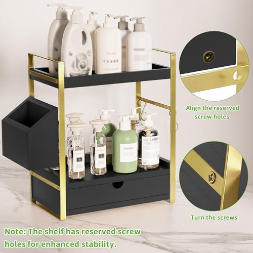 2-Tier Bathroom Counter Organizer with Drawer and Basket, Wood Countertop Organizer for Storage, Skincare Organizers for Vanity, Counter Shelf for Bathroom Organization(Black-Gold) - color: Black-gold