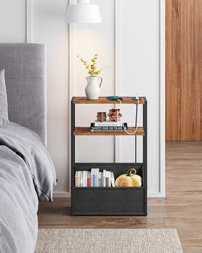 TUTOTAK Narrow Side Table, Small End Table with Charging Station, Nightstand with Fabric Basket, Bedside Table for Small Space, Livingroom, Bedroom Brown TB01BB095 - color: Brown