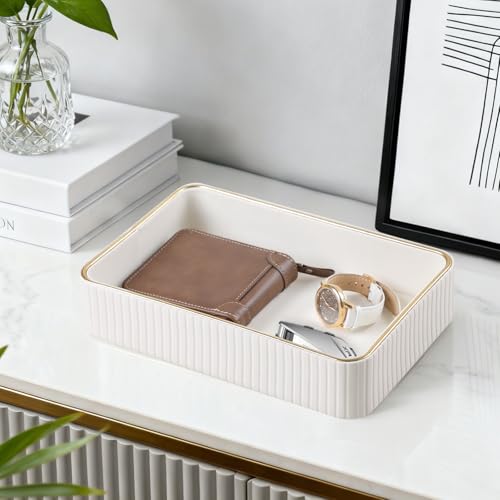 Desk Organizer Tray, PU Leather Nightstand Organizer Perfume Valet Tray for Men Women, Decorative Vanity Trays Trinket Dish Key Bowl for Entryway Table (Ivory, Medium) - color: Ivory, size: 10.2" x 6.7" x 2.2"