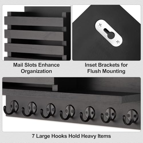 Lwenki Key Holder for Wall – Decorative Wooden Mail Holder and Key Shelf with Mounting Hardware, Installation Guide – Paulownia Wood with Metal Key Hooks (Black, Extra Large - 15.6inch) - color: Black, size: Extra Large - 15.6inch