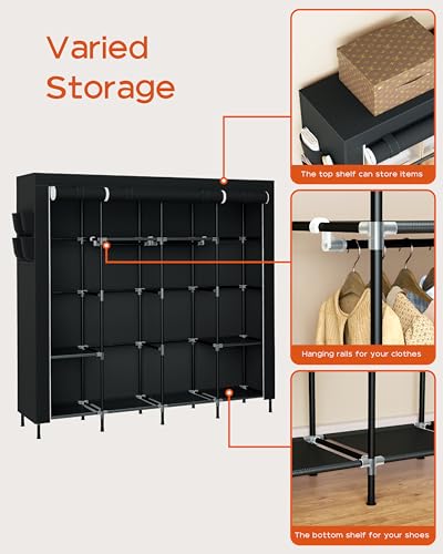 CASAMAYA Portable Closet, 66.9 Inch Large Capacity Wardrobe Closet with Cover, Clothes Storage Organizer with Shelves and 4 Hanging Rods, Easy to Assembly, Black PCT204B01 - size: 66.9"L x 17.7"W x 70.9"H