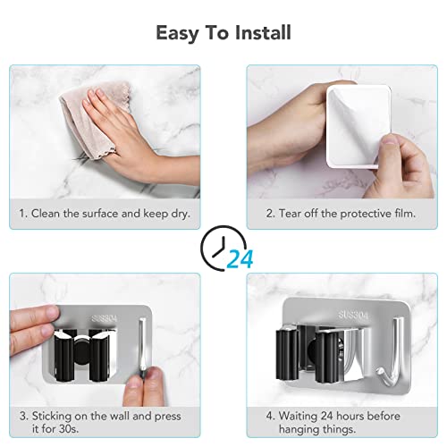homeasy Mop Broom Holder No Drill, Mop Broom Organizer Wall Mounted Heavy Duty with Hooks Hanger, Self Adhesive Stainless Steel 4Pcs for Bathroom, Kitchen, Office (Multicolor) - color: Silver Mix