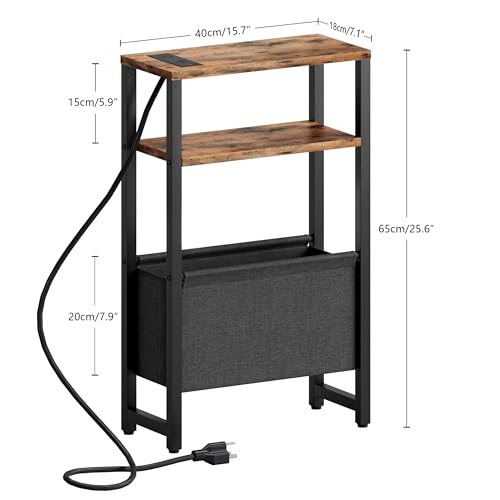 Narrow Side Table with Charging Station Slim End Table Sofa with Magazine Rack, Bedside Table for Small Spaces, 3 Tier Nightstand for Living Room Couch, Bedroom Rustic Brown LET503RE - color: Rustic Brown