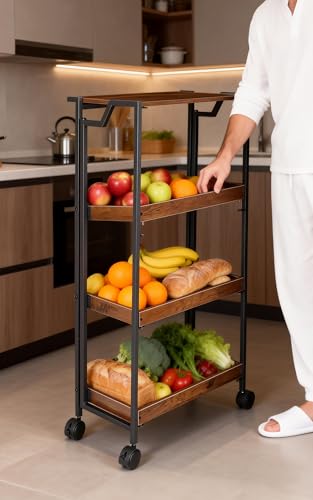 Garvee Large 4-Tier Wooden Folding Storage Shelf Cart with Locking Wheel, Expandable Kitchen Organizer Rack, 100 Lbs Loading Heavy Duty Garage Shelving, Easy Foldable No Assembly Required