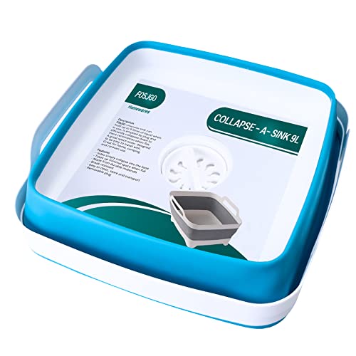 FOSJGO Dish Basin Collapsible with Drain Plug Carry Handles for 9 L Capacity, Collapsible Sink Tub, Dish Wash Basin, Portable Dish Tub, Foldable Dishpan for Camping Dish Washing Tub and RV Sink - color: Sky Blue