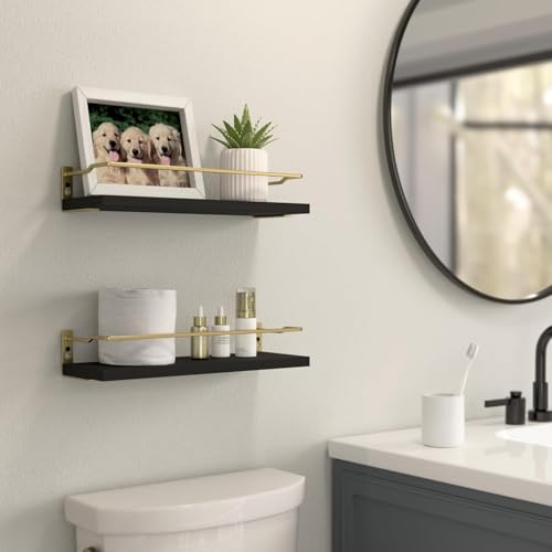 RICHER HOUSE Bathroom Floating Wall Shelf Set of 2 - Guard-Rail Small Wood Shelves for Decor, Over Toilet Storage, Kitchen Organizer - Black Gold - color: Black & Gold