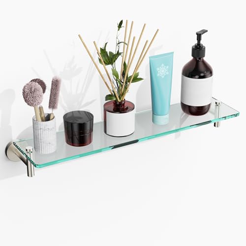 Glass Shelves for Bathroom,16-Inch Brushed Nickel Floating Bathroom Shelf Stainless Steel Tempered Glass Shelf Modern Shelves Wall Mounted - color: Brushed Nickel, size: 16"without railing