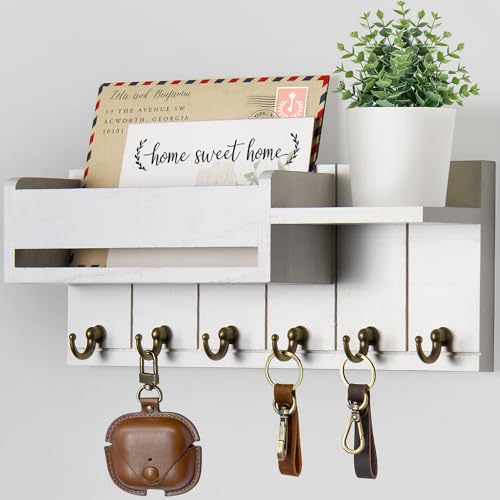 RelaxScene Key Holder Wall Mount - Key Hooks for Wall Decor Living Room - Wooden Key Hanger Rack and Mail Organizer with Shelf for Home Essentials - Modern Entryway House Decor Aesthetic - color: White, size: M(12''x4.8'')