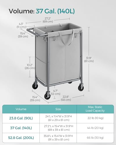 SONGMICS Laundry Basket with Wheels, Rolling Laundry Hamper, 23.8 Gallons (90 L), Removable Liner, Steel Frame with Handle, 24 x 11.4 x 31.9 Inches, Dove Gray URLS003G01 - color: Dove Gray, size: 90 L (1-Section), style: Rectangular with handle