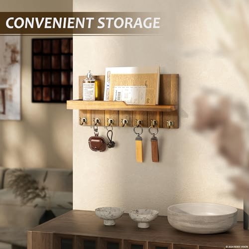 Rebee Vision Acacia Wood Key Holder Wall Mount for Home Decor - Key Holder for Wall with Floating Shelf for Hanging Coats & Hats - to Elevate Farmhouse Decor (Acacia Wood, 3.54''×15''×7.28'') - color: Acacia Wood, size: 15-inch