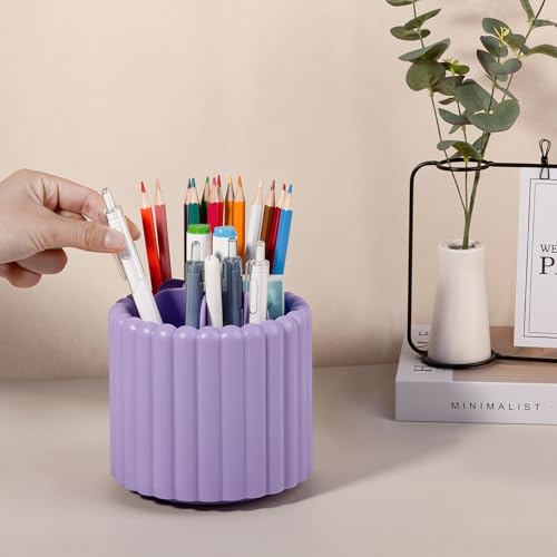 Anyoifax 360° Rotating Pen Holder 7 Slots Desk Organizer Removable Pencil Cup Plastic Art Supplies and Accessories Desktop Storage Box Caddy for Office, School, Home (Purple) - style: Stripe Purple